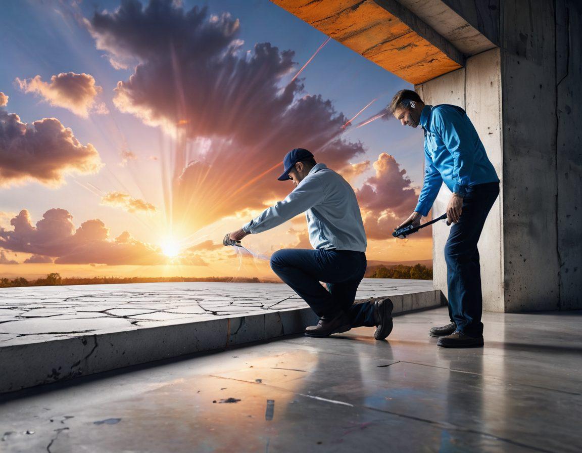 A futuristic scene showcasing advanced crack detection technology in action, with a technician using a high-tech scanner on a large concrete structure. Vibrant visuals of cracks illuminated in different colors, symbolizing the detection process and the joy of uncovering hidden issues. Behind, a serene landscape with rays of sunshine breaking through clouds, representing happiness and euphoria. The overall atmosphere combines innovation with optimism. super-realistic. vibrant colors. white background.