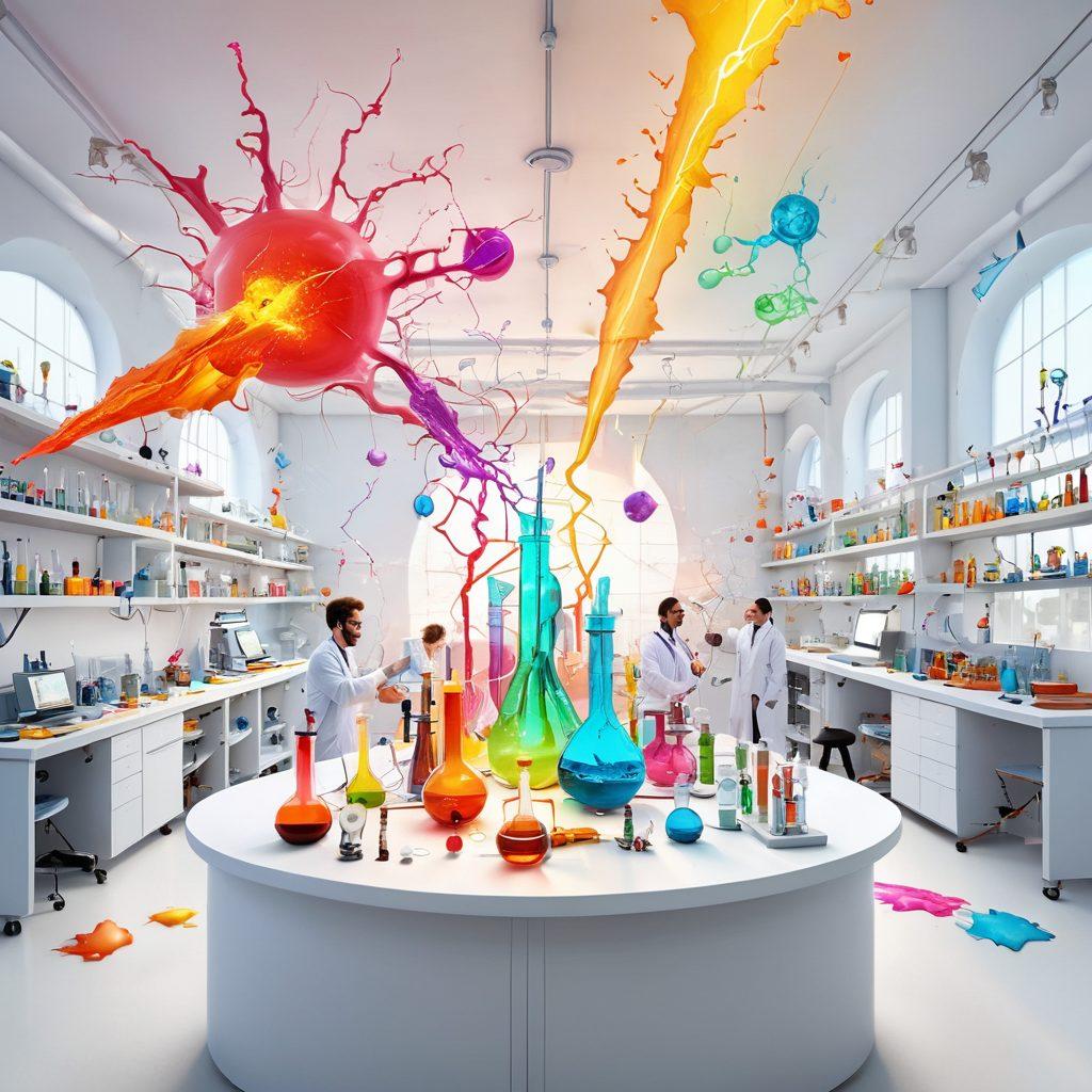 An imaginative laboratory filled with colorful cracking devices surrounded by joyful scientists celebrating together. Bright beams of light symbolize breakthroughs, while playful, cartoonish cracks appear on various inventions. The atmosphere is vibrant with happiness and excitement. super-realistic. vibrant colors. white background.