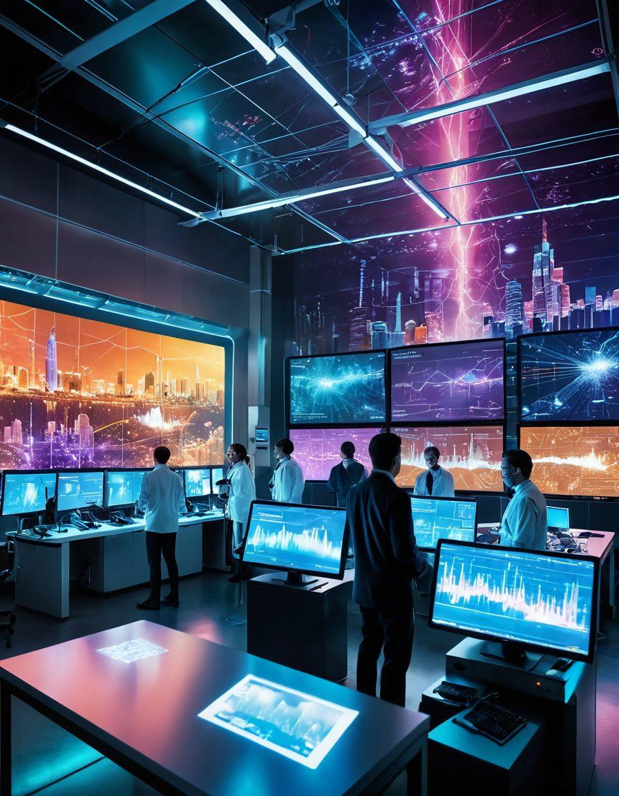 A dynamic scene showcasing a futuristic laboratory filled with advanced crack detection machines, beams of light illuminating the breakthroughs in technology. In the foreground, a diverse group of excited scientists celebrate their findings, surrounded by holographic displays of data and graphs. A backdrop of vibrant cityscapes symbolizes growth and positivity. super-realistic. vibrant colors. high-tech atmosphere.